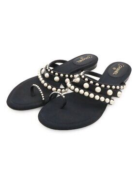 Chanel Flat Sandals Thong Design Faux Pearl Leather Nylon Black